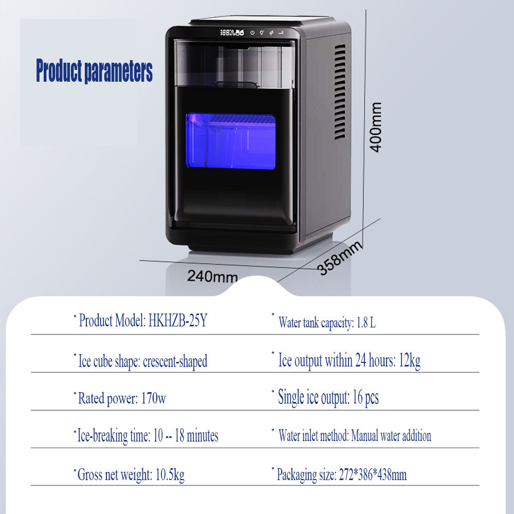 Countertop Ice Maker, Crescent-Shaped Ice, 12kg per 24 Hours, 1.8L Tank, Quick Ice in 13 Minutes, 32dB Low Noise
