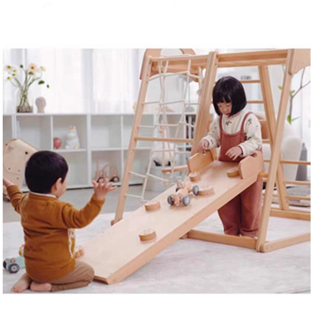 COOLBABY SSZ-PPJ06 Wooden Indoor Playground 7-in-1 Solid Wood Children's Climbing Frame With Swing/Slide/Rock Climbing/Net/Ladder/Monkey Bar/Drawing Board - COOLBABY