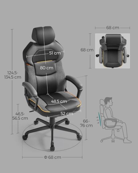 Office/Gaming Chair, Adjustable Height, PU and Cotton Linen Surface, Adjustable Headrest, Padded Armrests, Reclining Backrest - Black - COOLBABY