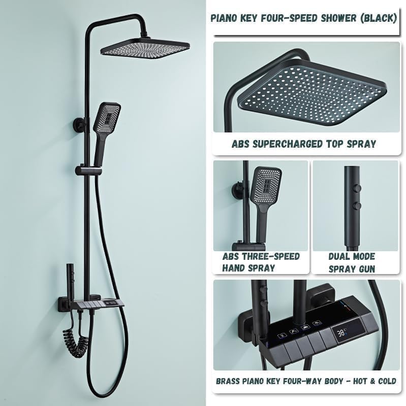 Black Shower System with LED Digital Display Shower Faucet Set Wall Mount Rain Mixer Shower Combo Set 4 Way Shower Fixture with 12" Rain Shower Head, 3 Mode Handheld Shower, Bidet Shower - COOLBABY