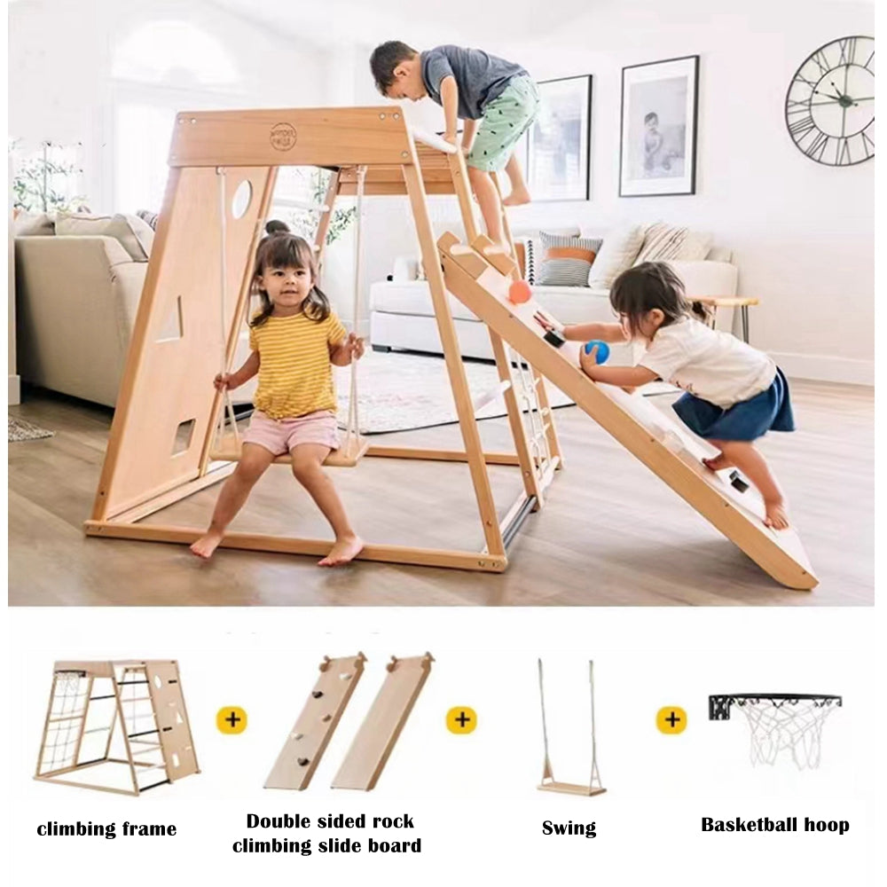 COOLBABY SSZ-PPJ07 Beech Indoor Playground 7-in-1 Solid Wood Children's Climbing Frame With Swing/Slide/Rock Climbing/Net/Ladder/Monkey Bar/Basketball Frame - COOLBABY