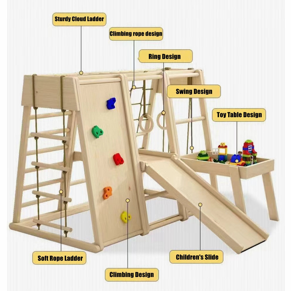 COOLBABY SSZ-PPJ04 Wooden Indoor Playground Nine-In-One Solid Wood Children's Climbing Frame With Swing/Slide/Rock Climbing/Net/Ladder/Monkey Bar/Building Block Table/Soft Rope Ladder/Hanging Ring - COOLBABY