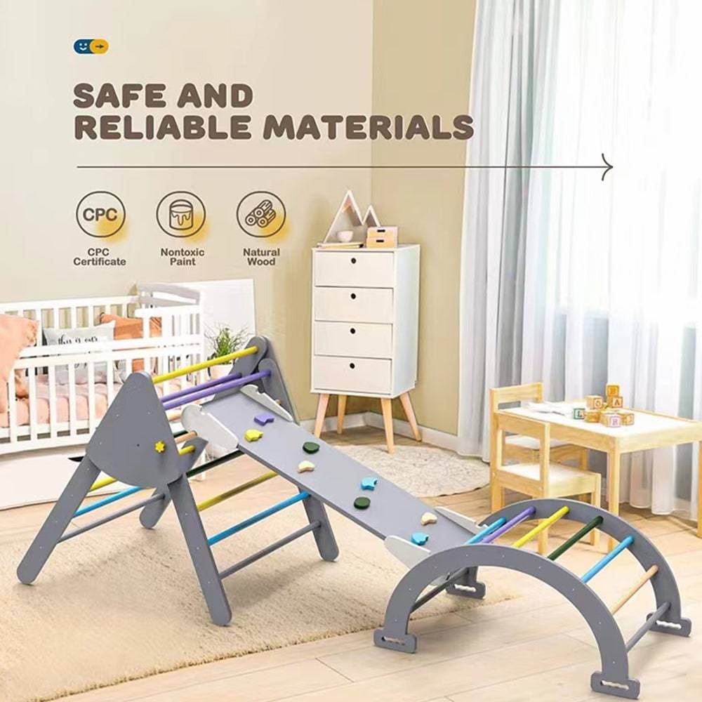 COOLBABY Wooden Climbing Triangle Foldable Climbing Triangle Ladder Toy with Slide and Climbing Arch Indoor Outdoor Playground Toddler Climbing Toy - COOL BABY