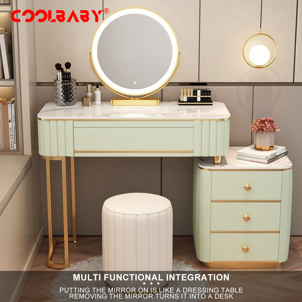 COOLBABY Mint Green Vanity Table Set with LED Mirror and Chair_Elegant Solid Wood Dressing Table - COOLBABY