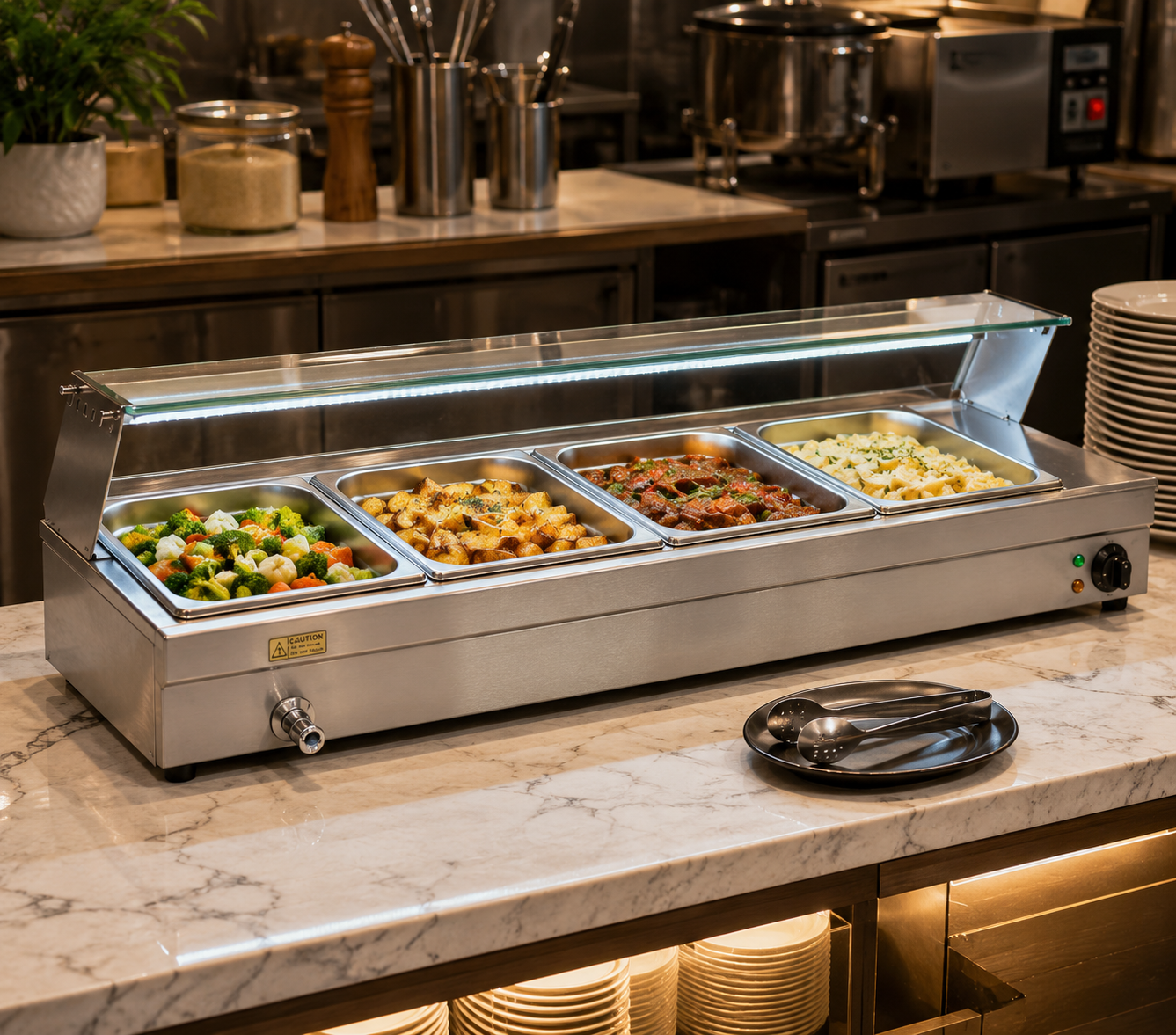 Glass Counter Bain Marie 4 x 1/2 GN Food Warmer – 1.5KW Stainless Steel Buffet Display | GN HBM-23-24