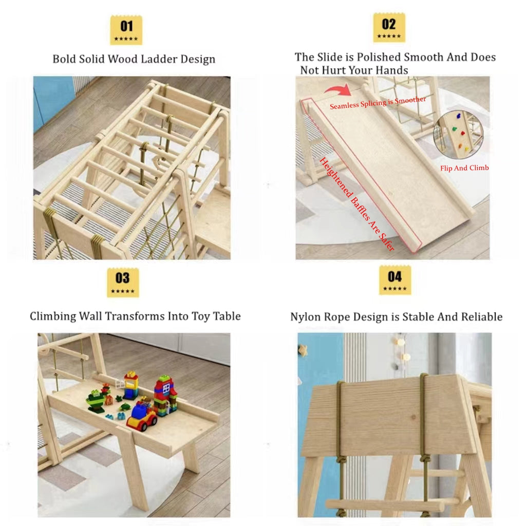 COOLBABY SSZ-PPJ05 Wooden Indoor Playground Eight-In-One Solid Wood Children's Climbing Frame With Swing/Slide/Rock Climbing/Net/Ladder/Building Block Table/Soft Rope Ladder/Hanging Ring - COOLBABY