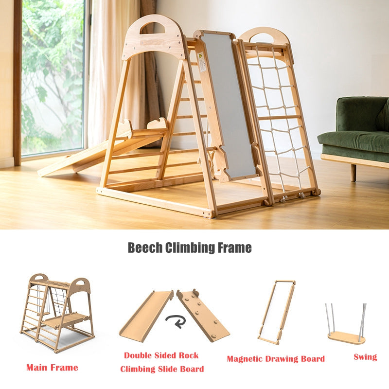 COOLBABY SSZ-PPJ06 Wooden Indoor Playground 7-in-1 Solid Wood Children's Climbing Frame With Swing/Slide/Rock Climbing/Net/Ladder/Monkey Bar/Drawing Board - COOLBABY