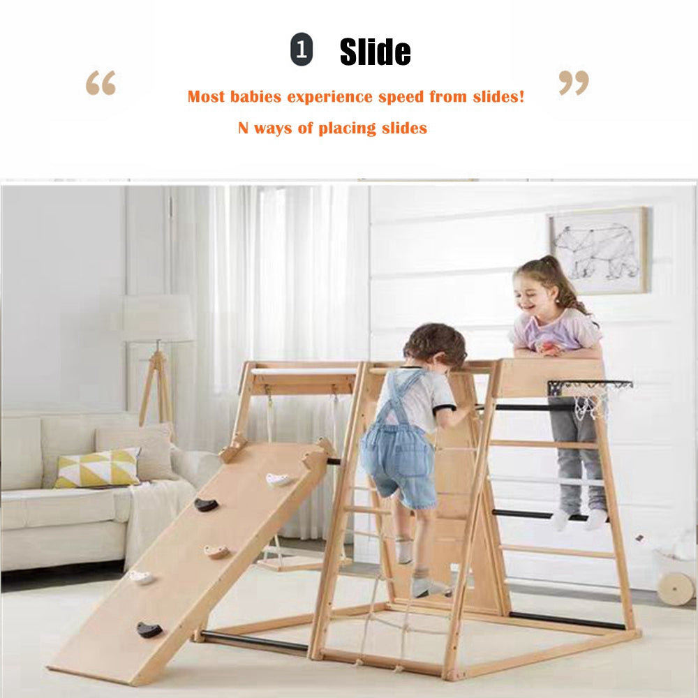 COOLBABY SSZ-PPJ07 Beech Indoor Playground 7-in-1 Solid Wood Children's Climbing Frame With Swing/Slide/Rock Climbing/Net/Ladder/Monkey Bar/Basketball Frame - COOLBABY