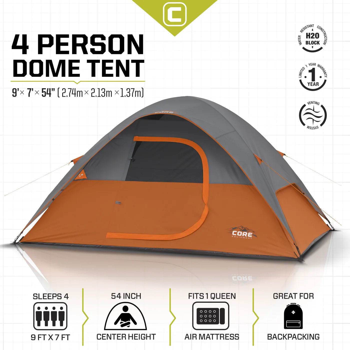 COOLBABY Core 4-Person Dome Tent 9' x 7' – Waterproof, Ventilated, and Easy to Set Up - COOLBABY