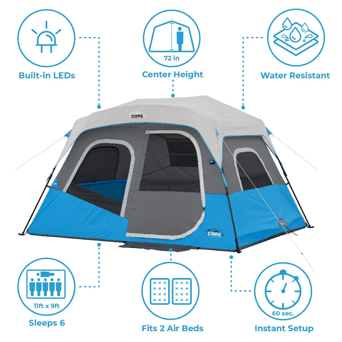 COOLBABY 6 Person Lighted Instant Cabin Tent – 11’ x 9’ with LED Lighting, Instant Setup, and Weather Protection - COOLBABY