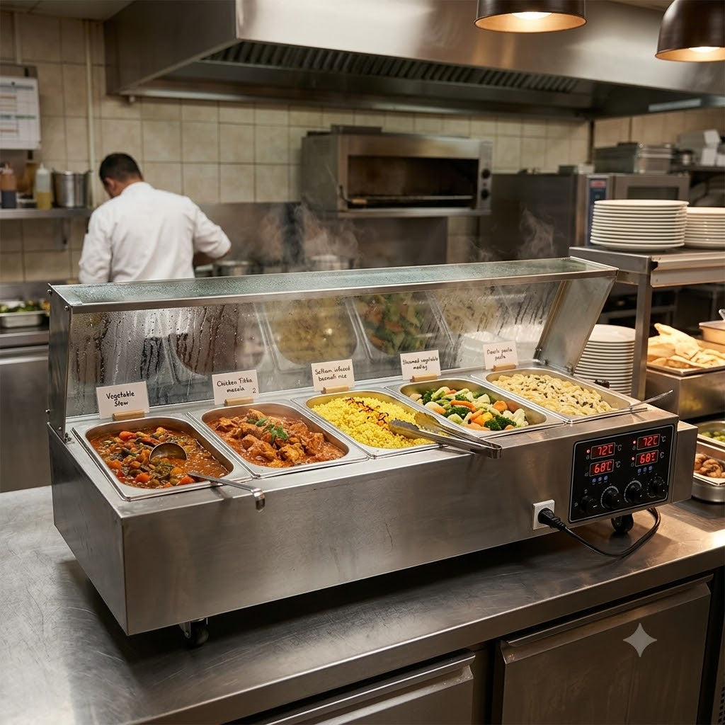 HBM-25 Bain Marie 5 GN Glass Counter – Electric Food Warmer 5 x 1/2 GN 1.8KW Commercial Buffet Heater