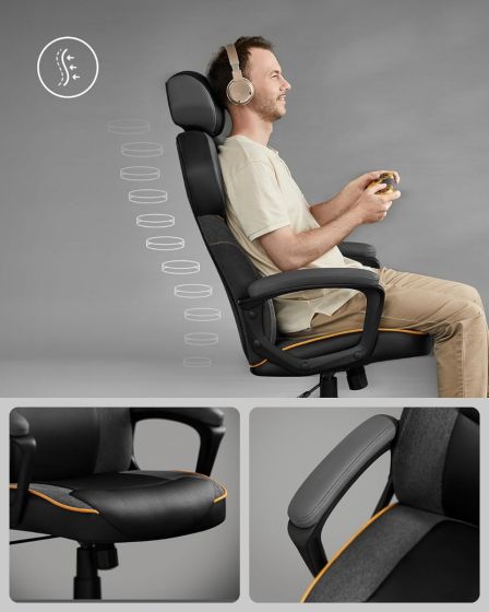 Office/Gaming Chair, Adjustable Height, PU and Cotton Linen Surface, Adjustable Headrest, Padded Armrests, Reclining Backrest - Black - COOLBABY