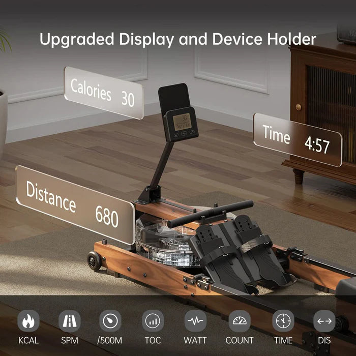 WR3L Water Rowing Machine | Foldable Wooden Rower with 5 Resistance Levels & LCD Display