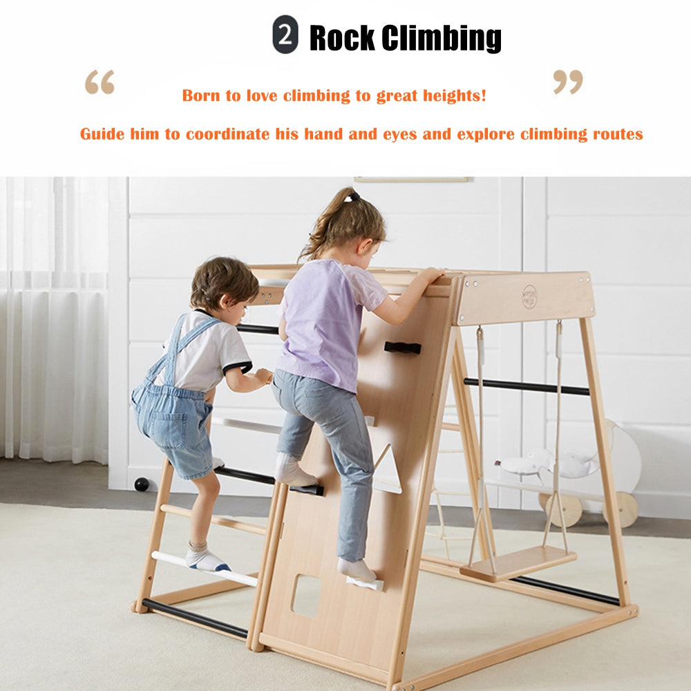 COOLBABY SSZ-PPJ07 Beech Indoor Playground 7-in-1 Solid Wood Children's Climbing Frame With Swing/Slide/Rock Climbing/Net/Ladder/Monkey Bar/Basketball Frame - COOLBABY