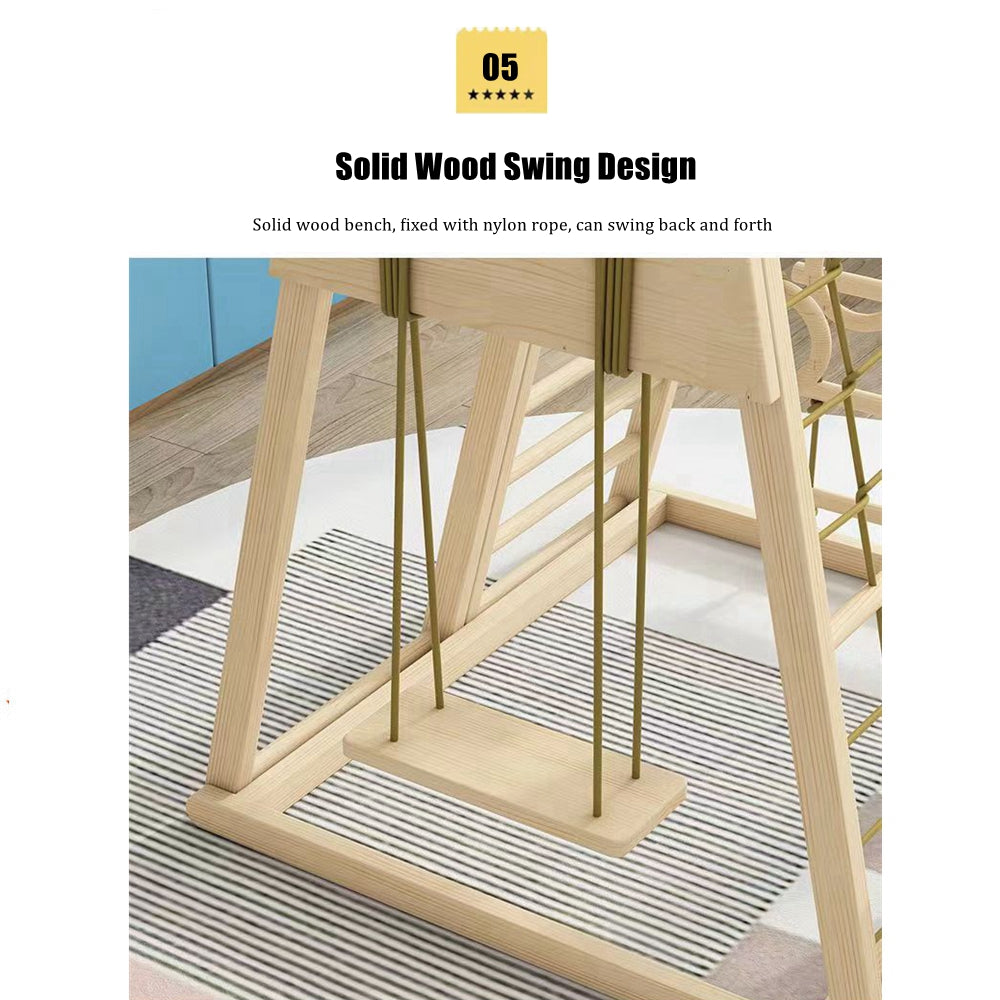 COOLBABY SSZ-PPJ04 Wooden Indoor Playground Nine-In-One Solid Wood Children's Climbing Frame With Swing/Slide/Rock Climbing/Net/Ladder/Monkey Bar/Building Block Table/Soft Rope Ladder/Hanging Ring - COOLBABY