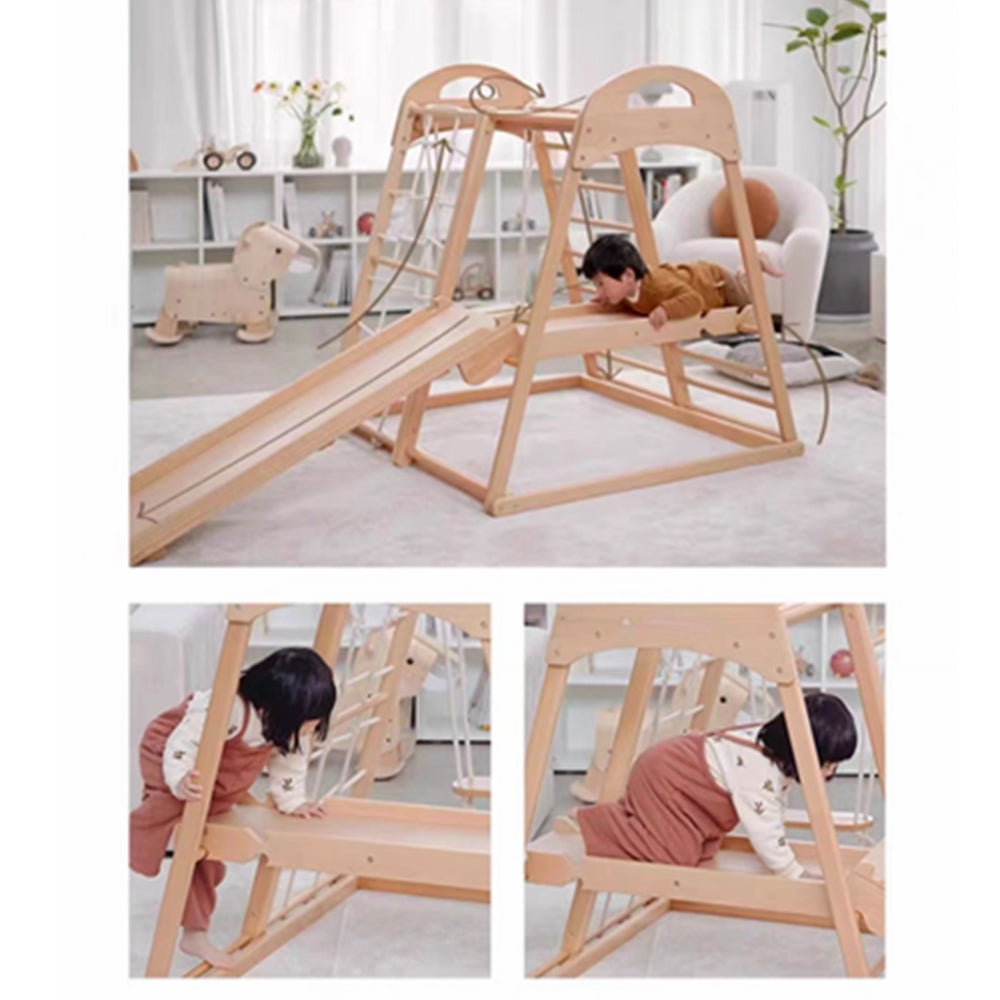 COOLBABY SSZ-PPJ06 Wooden Indoor Playground 7-in-1 Solid Wood Children's Climbing Frame With Swing/Slide/Rock Climbing/Net/Ladder/Monkey Bar/Drawing Board - COOLBABY