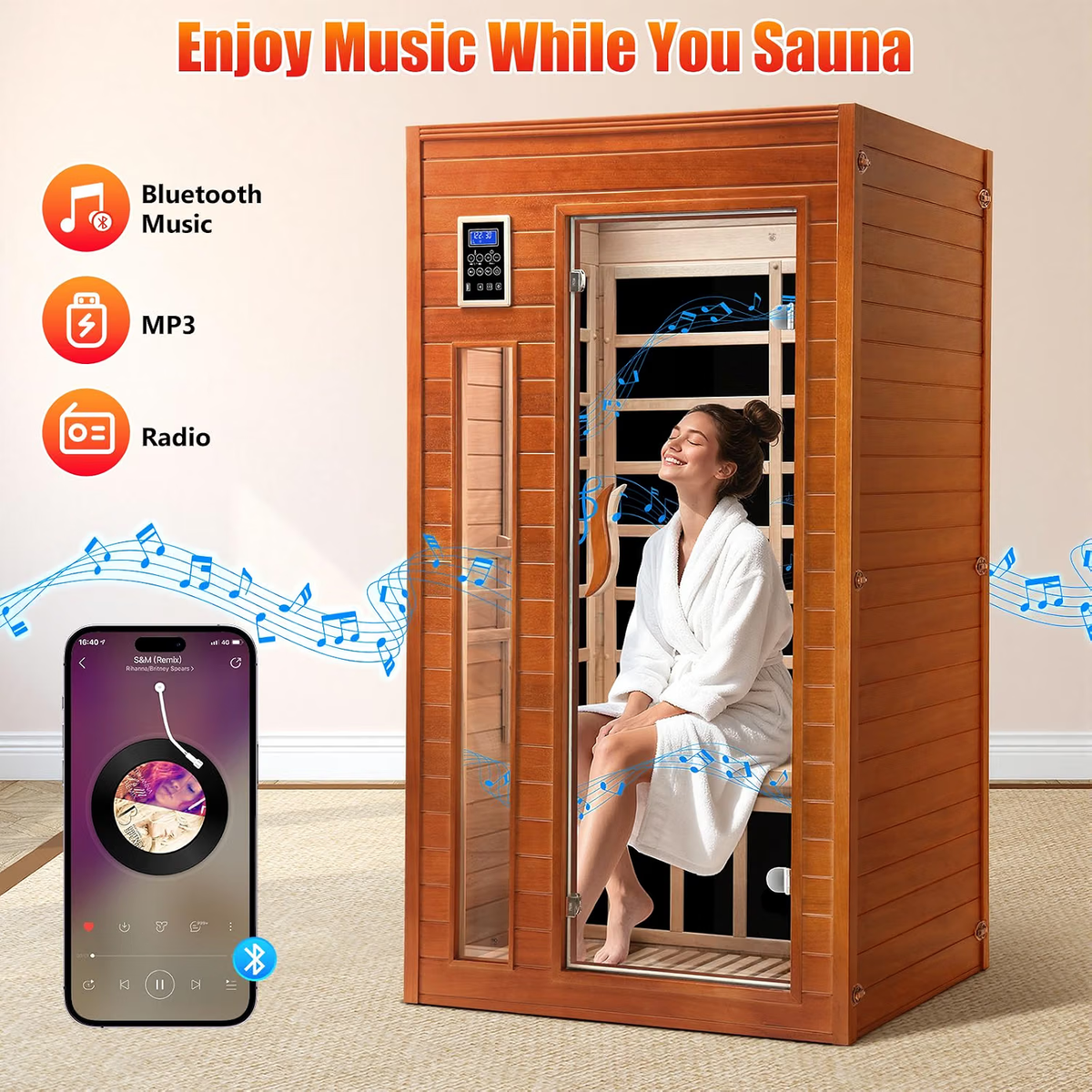1-2 Person Infrared Sauna, Dry Heat Sauna with Red Light Therapy, Bluetooth, Radio