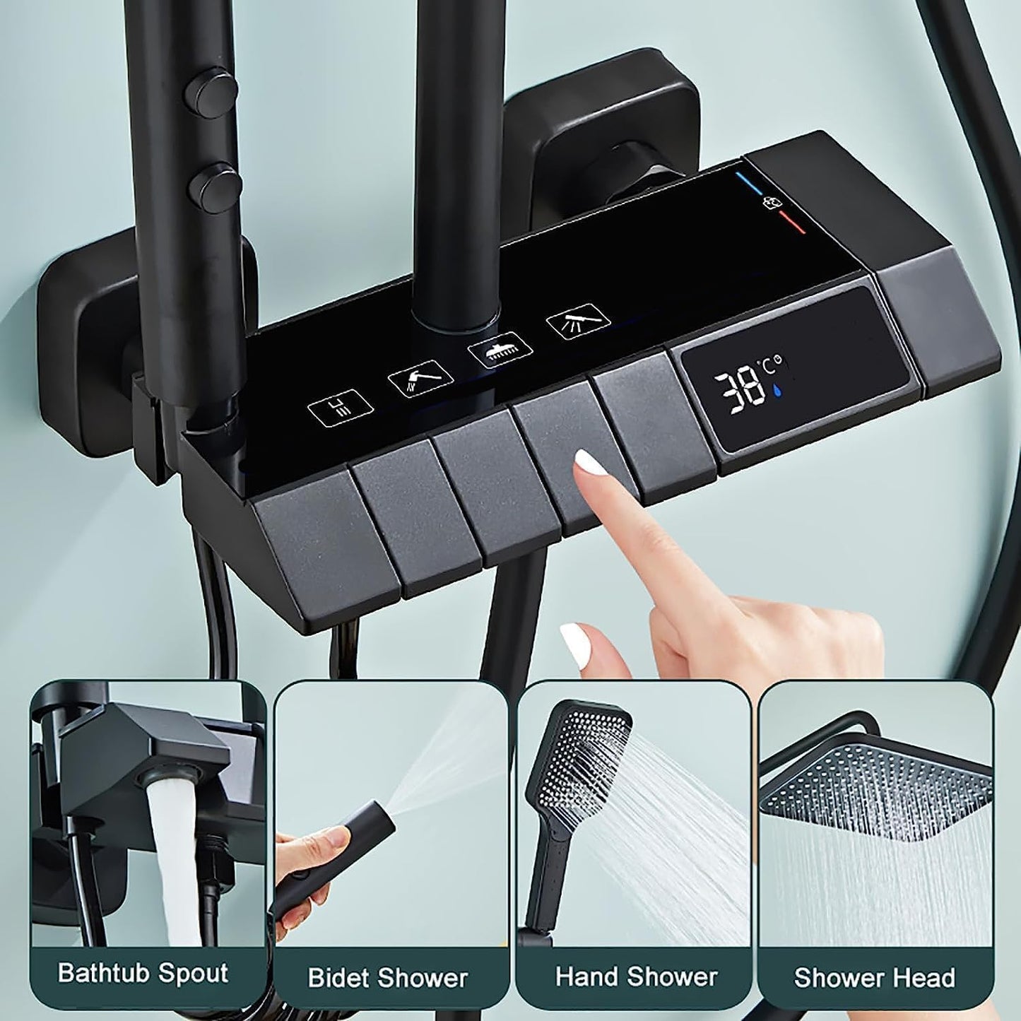 Black Shower System with LED Digital Display Shower Faucet Set Wall Mount Rain Mixer Shower Combo Set 4 Way Shower Fixture with 12" Rain Shower Head, 3 Mode Handheld Shower, Bidet Shower - COOLBABY