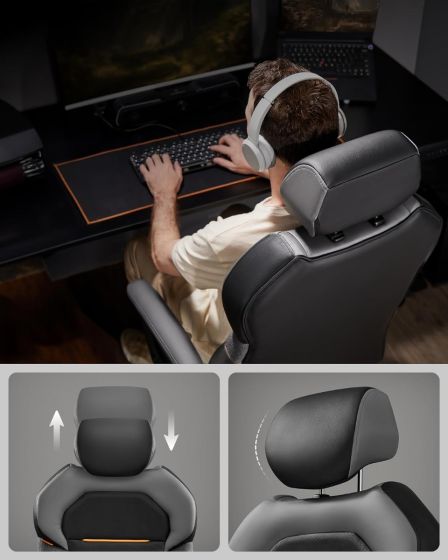 Office/Gaming Chair, Adjustable Height, PU and Cotton Linen Surface, Adjustable Headrest, Padded Armrests, Reclining Backrest - Black - COOLBABY