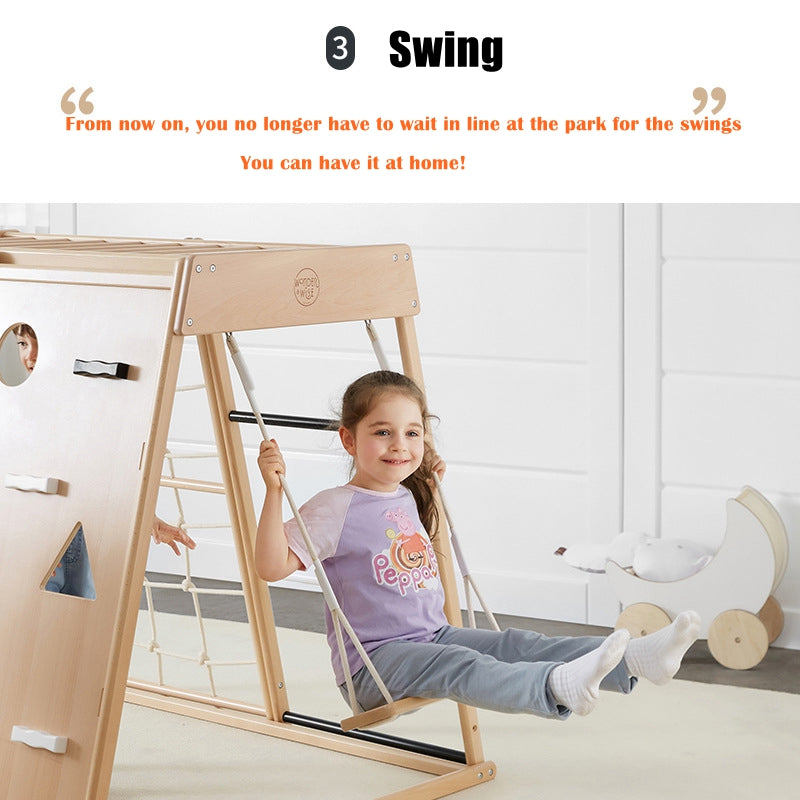 COOLBABY SSZ-PPJ07 Beech Indoor Playground 7-in-1 Solid Wood Children's Climbing Frame With Swing/Slide/Rock Climbing/Net/Ladder/Monkey Bar/Basketball Frame - COOLBABY