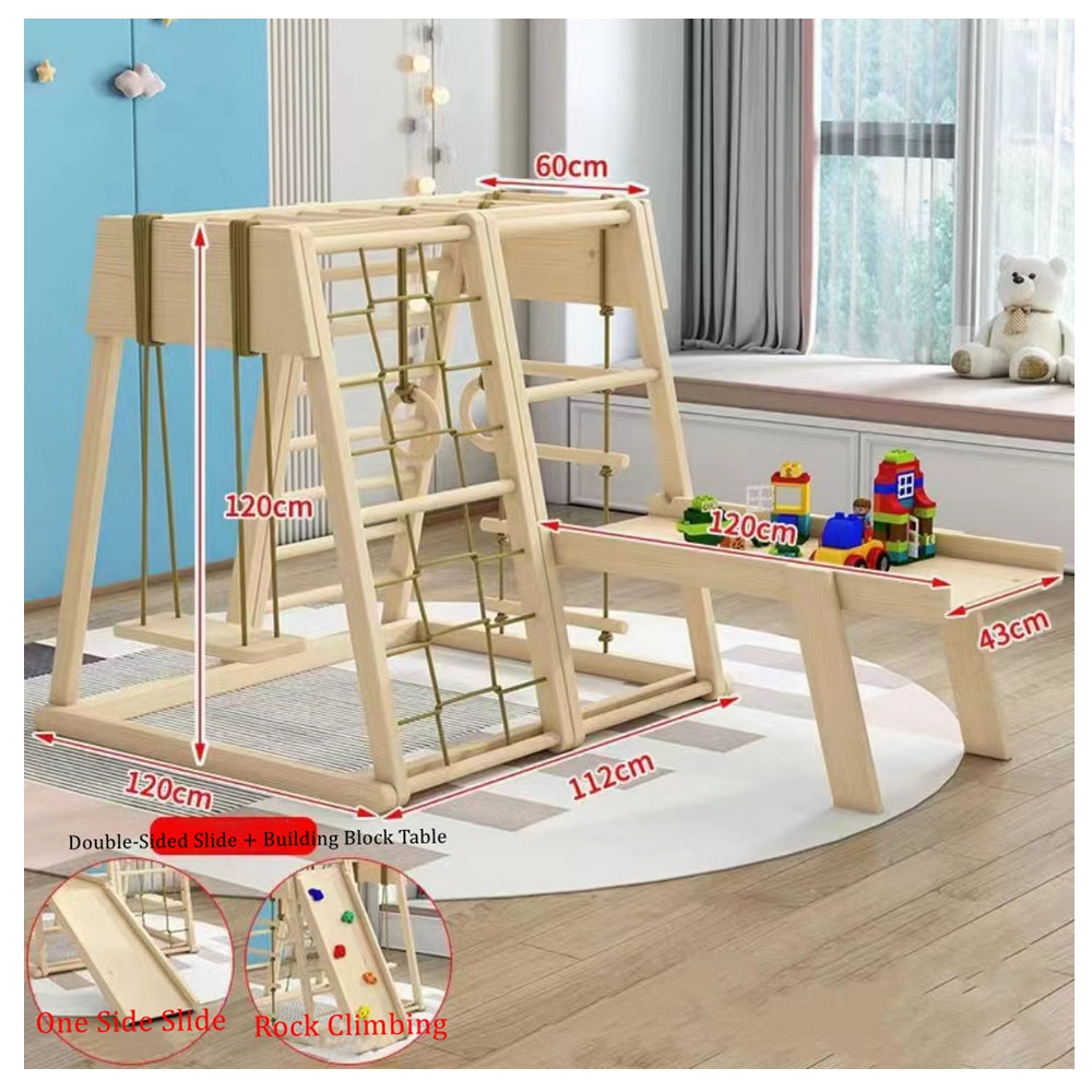 COOLBABY SSZ-PPJ05 Wooden Indoor Playground Eight-In-One Solid Wood Children's Climbing Frame With Swing/Slide/Rock Climbing/Net/Ladder/Building Block Table/Soft Rope Ladder/Hanging Ring - COOLBABY