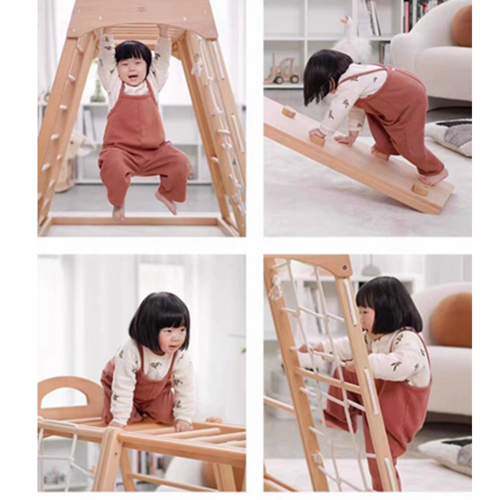 COOLBABY SSZ-PPJ06 Wooden Indoor Playground 7-in-1 Solid Wood Children's Climbing Frame With Swing/Slide/Rock Climbing/Net/Ladder/Monkey Bar/Drawing Board - COOLBABY