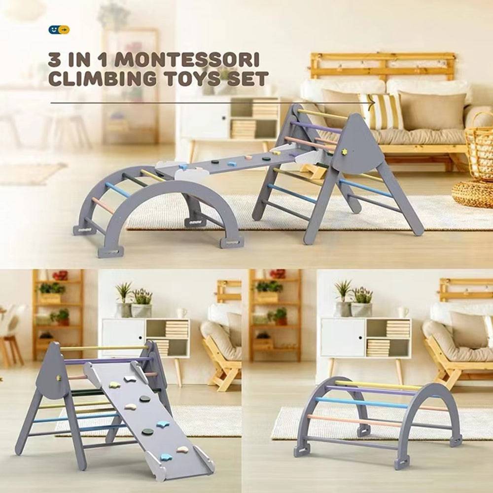 COOLBABY Wooden Climbing Triangle Foldable Climbing Triangle Ladder Toy with Slide and Climbing Arch Indoor Outdoor Playground Toddler Climbing Toy - COOL BABY