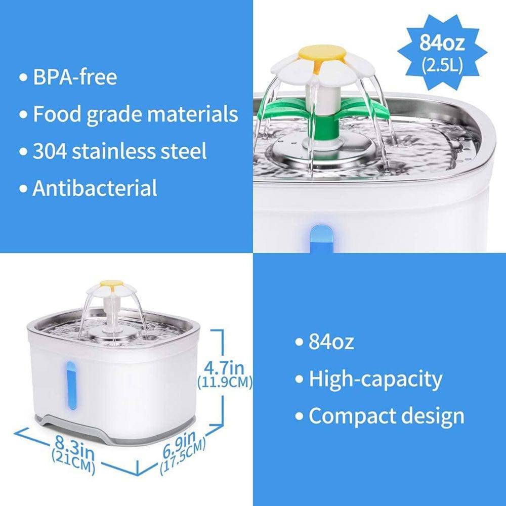 COOLBABY LZM-CWYSJ02 2.5L Pet Water Fountain with Water Filter,Water Spray + LED Bright Blue Light,Automatic Pet Fountain Water Bowl for Cats and Small Dogs - COOL BABY