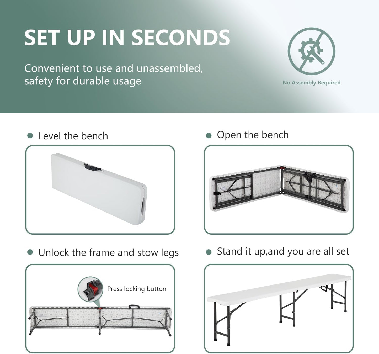 Portable 6 FT Plastic Folding Bench for Outdoor Use, Complete with Carrying Handle for Picnics Camping Dining Parties (2) - COOLBABY