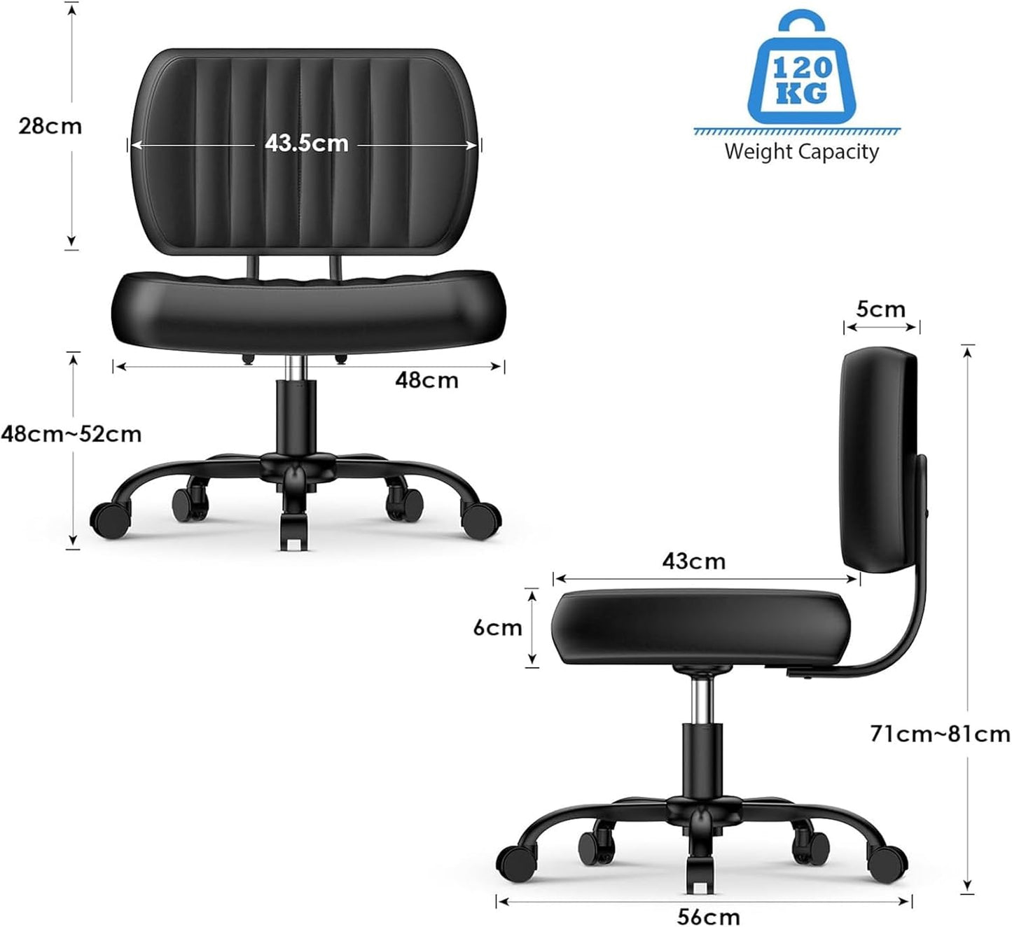 Armless Home Office Desk Chair with Wheels, Ergonomic PU Leather Task Chair, Height Adjustable, 360° Swivel, Lumbar Support - Black - COOLBABY