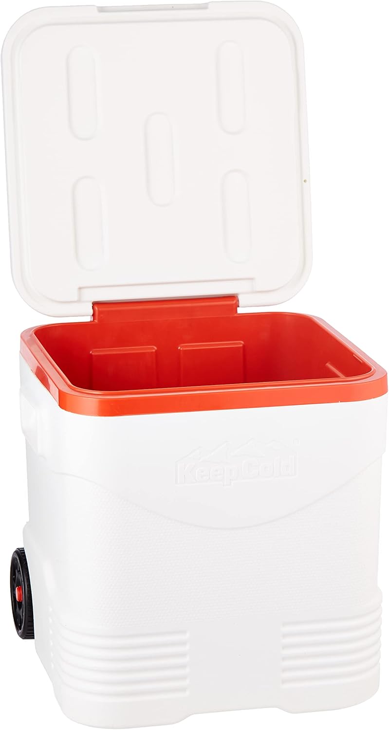 45L Plastic Picnic Trolley Icebox Roller Cooler with Wheels – White Insulated Cooler with 4-Day Ice Retention