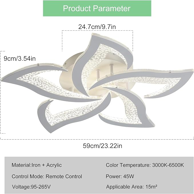 Modern LED Ceiling Light, White Dimmable Flower Shape Fixture with Remote Control - COOLBABY
