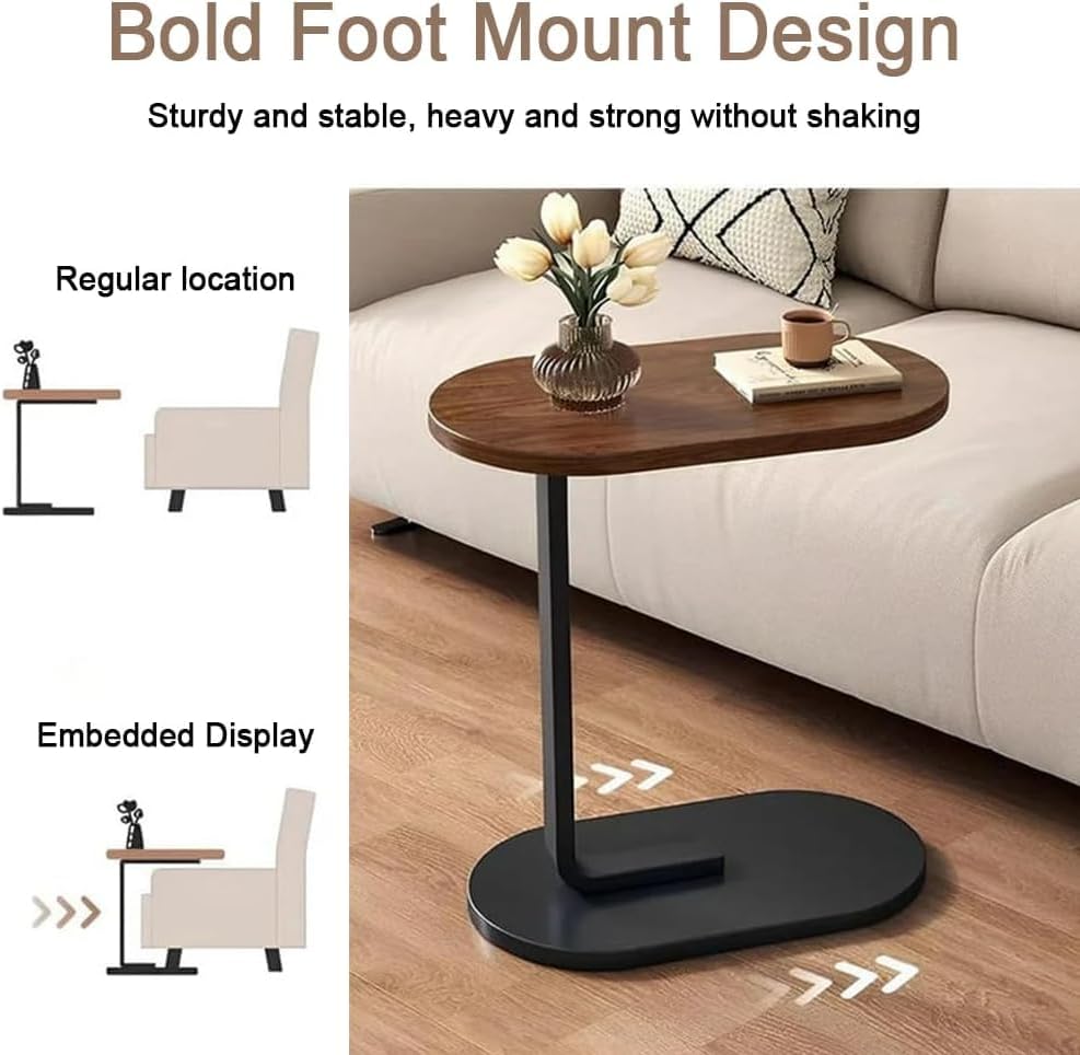 Small C Shaped End Table for Living Room and Small Spaces,C Shaped Round End Table for Sofa,Coffee Tables and Bed, Night Stand for Livingroom,Bedroom,Walnut (Wood) (Halzenut + Black Leg) - COOLBABY