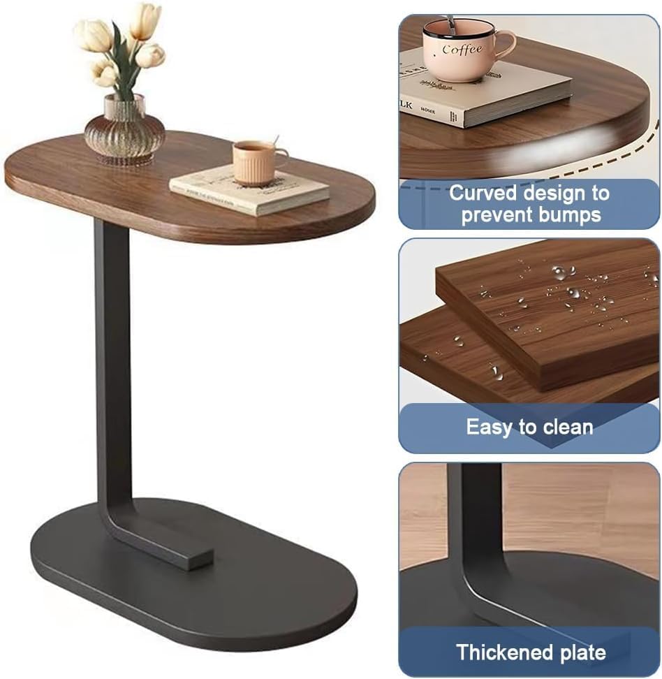 Small C Shaped End Table for Living Room and Small Spaces,C Shaped Round End Table for Sofa,Coffee Tables and Bed, Night Stand for Livingroom,Bedroom,Walnut (Wood) (Halzenut + Black Leg) - COOLBABY