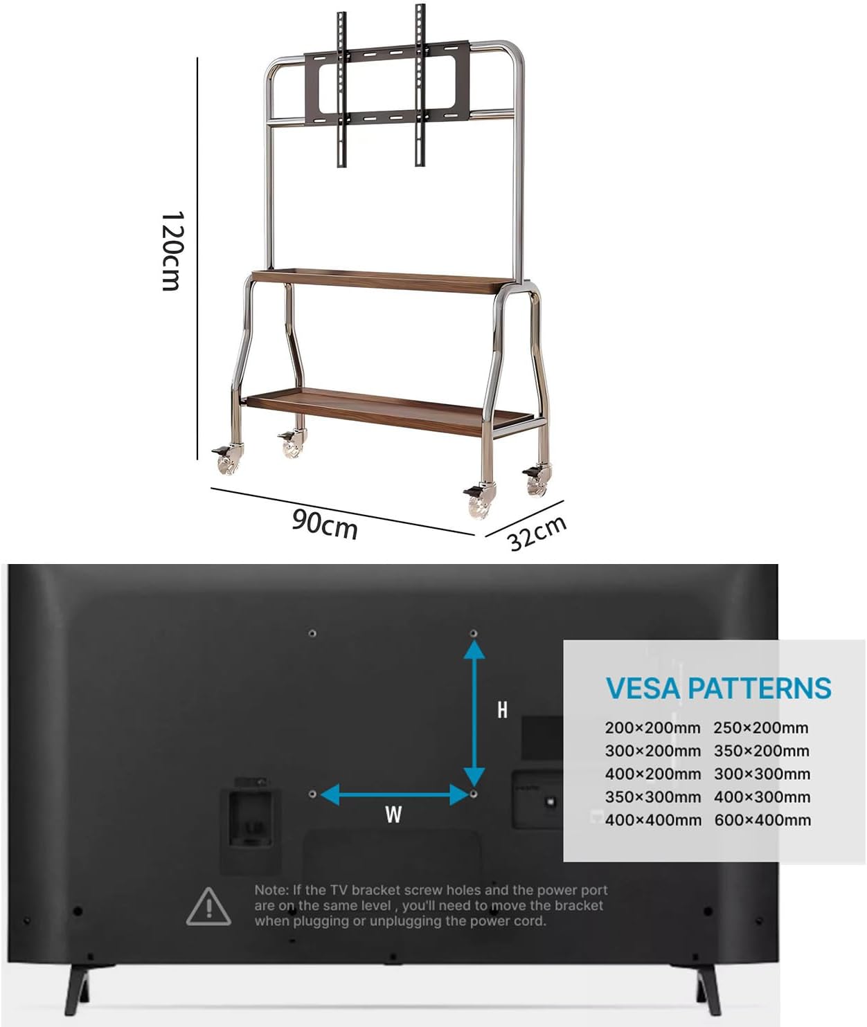 COOLBABY Mobile TV Stand for 43-75 Inch TVs, Rolling TV Cart with Double Shelf and Silent Wheels, Universal TV Floor Stand with Stainless Steel Bracket for Living Room, Bedroom, Office, Hotel - COOLBABY