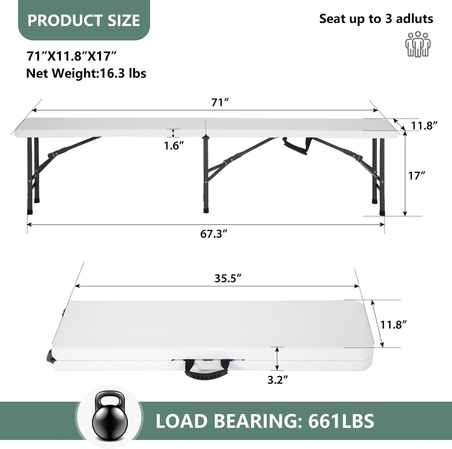 Portable 6 FT Plastic Folding Bench for Outdoor Use, Complete with Carrying Handle for Picnics Camping Dining Parties (2) - COOLBABY