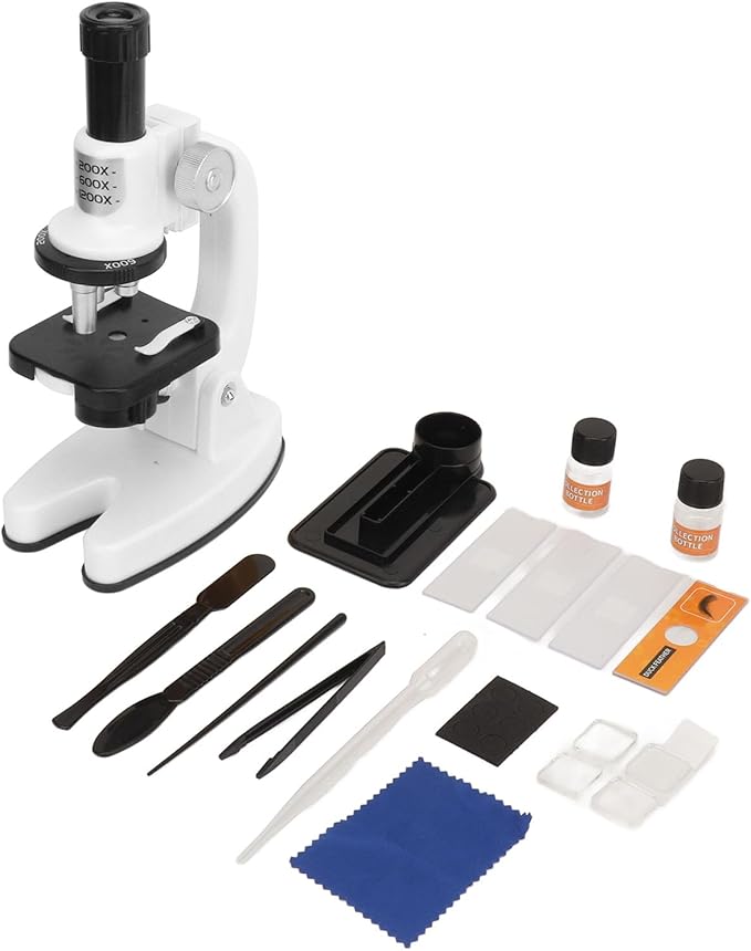 Beginner Microscope Kit Portable 200X‑1200X Microscope Kit with Cover Glass Slide and Multiple Accessories for Science Education and Exploration (White)