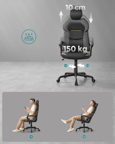 Office/Gaming Chair, Adjustable Height, PU and Cotton Linen Surface, Adjustable Headrest, Padded Armrests, Reclining Backrest - Black - COOLBABY