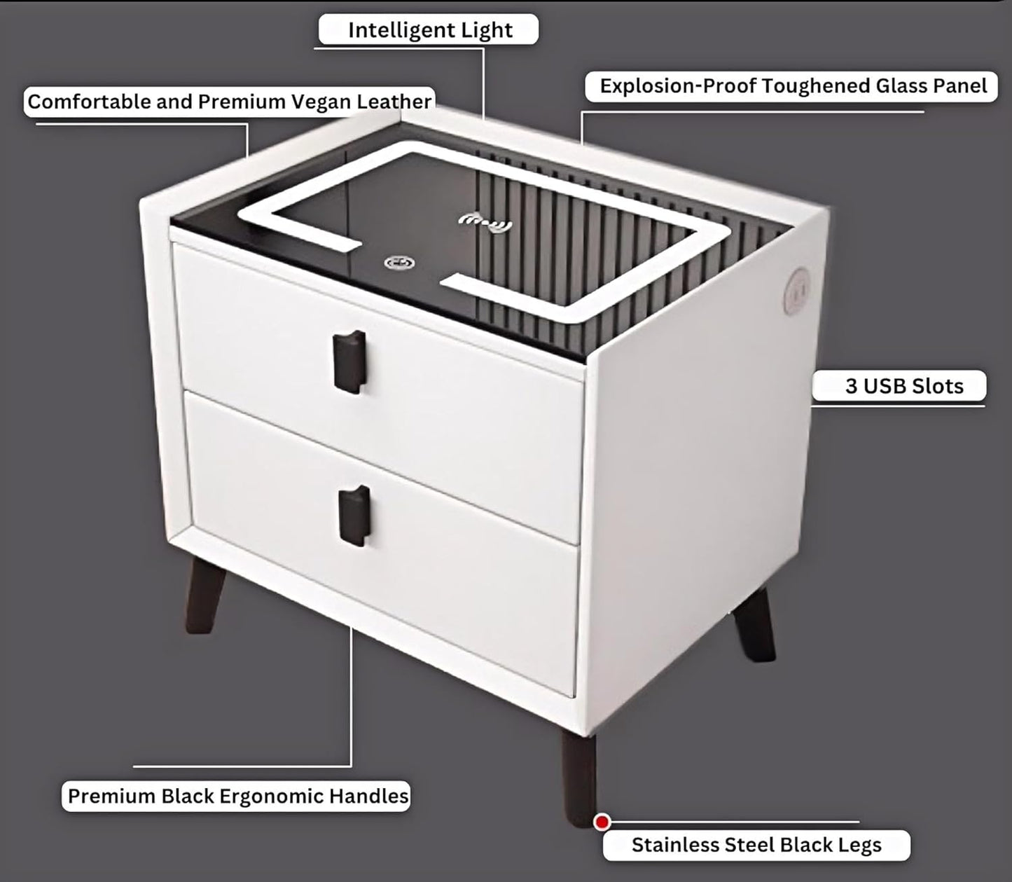 COOLBABY Smart Nightstand with Wireless Charging, USB and Type-C Ports, Adjustable LED Lights, 2 Storage Drawers, Modern Bedside Table (White) - COOLBABY