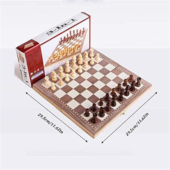 3 In 1 Wooden International Chess Set Board – Travel Chess, Backgammon & Checkers Strategy Game