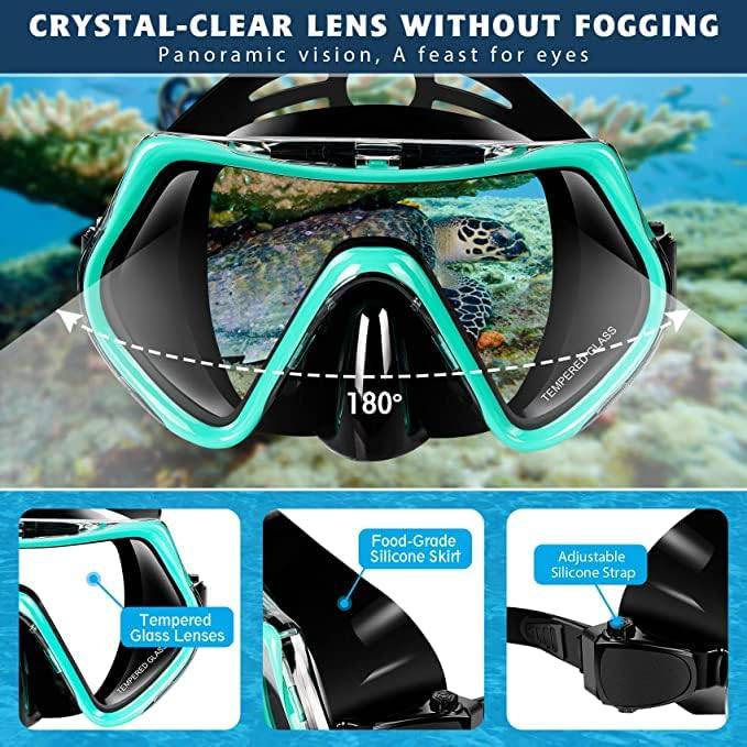 COOLBABY Mask Fin Snorkel Set with Adult Snorkelling Gear, Panoramic View Diving Mask - COOL BABY