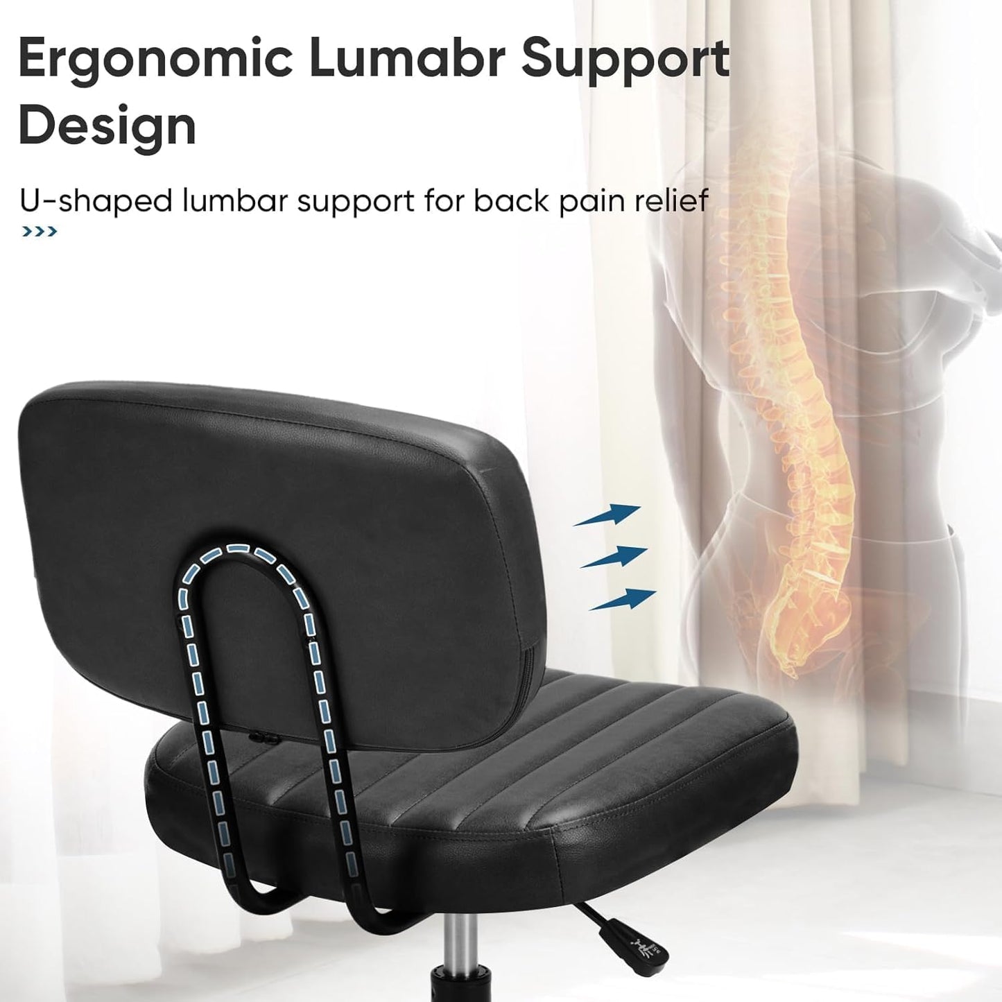 Armless Home Office Desk Chair with Wheels, Ergonomic PU Leather Task Chair, Height Adjustable, 360° Swivel, Lumbar Support - Black - COOLBABY