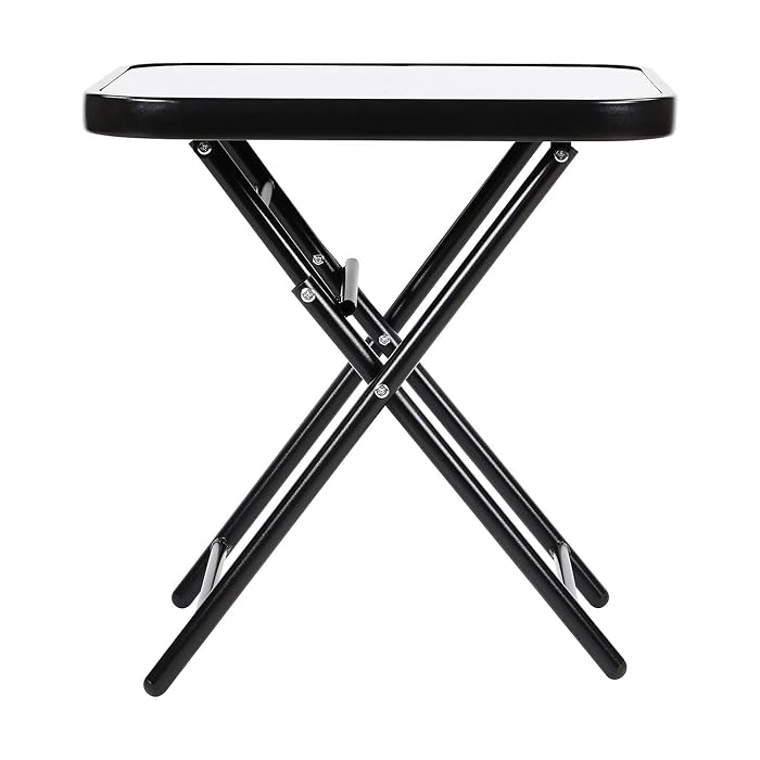Folding Drinks Side Table, Outdoor Garden Table, Small Square Patio Table - Black with Tempered Glass Top - COOLBABY
