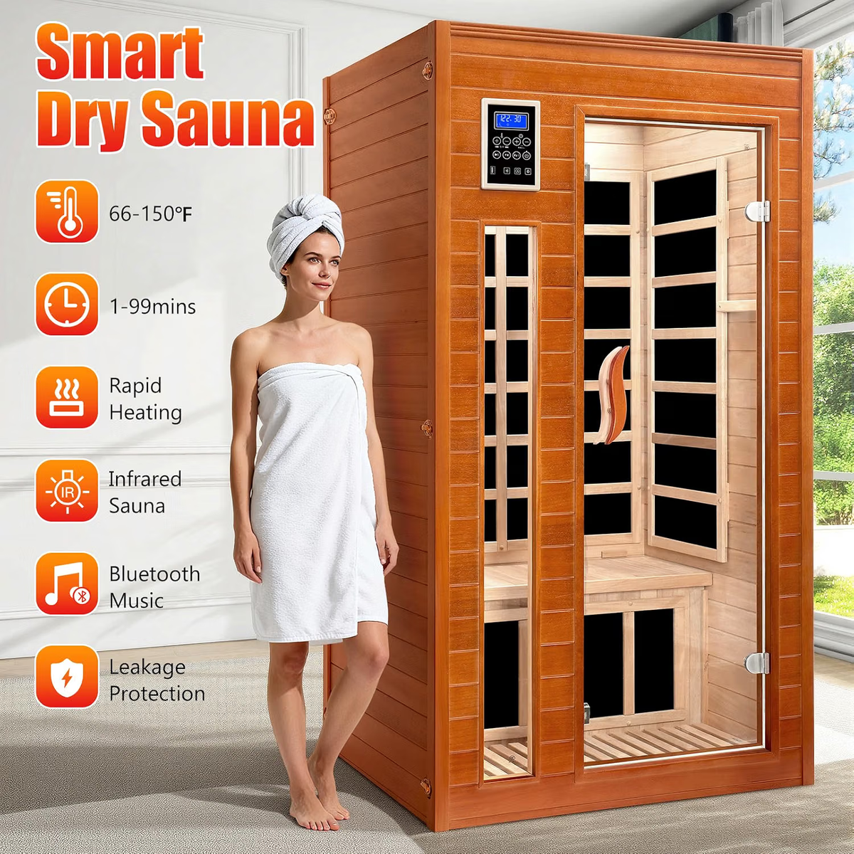 1-2 Person Infrared Sauna, Dry Heat Sauna with Red Light Therapy, Bluetooth, Radio