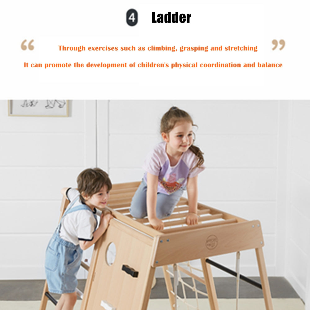 COOLBABY SSZ-PPJ07 Beech Indoor Playground 7-in-1 Solid Wood Children's Climbing Frame With Swing/Slide/Rock Climbing/Net/Ladder/Monkey Bar/Basketball Frame - COOLBABY