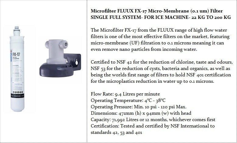 Microfilter FLUUX FX-17 Micro-Membrane (0.1 μm) Filter – Single Full System for Ice Machines (22–200 kg)