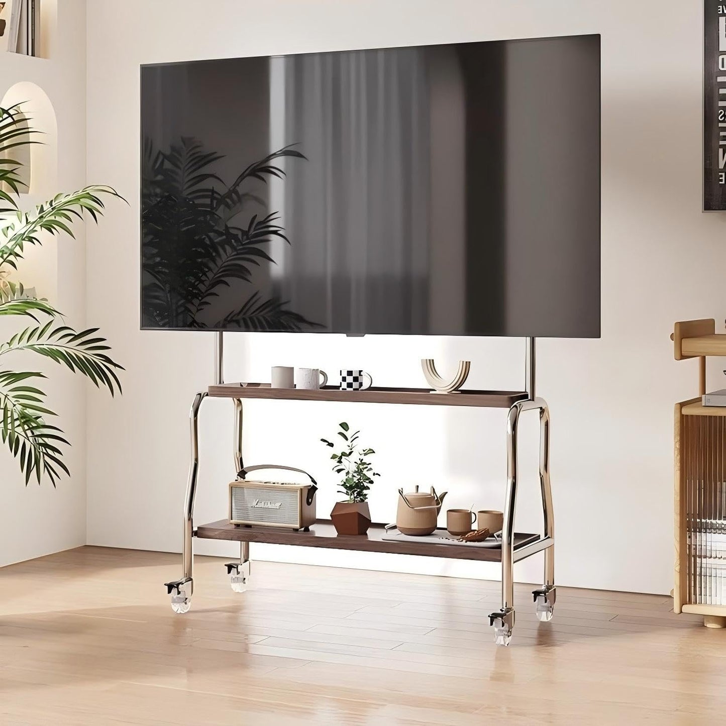 COOLBABY Mobile TV Stand for 43-75 Inch TVs, Rolling TV Cart with Double Shelf and Silent Wheels, Universal TV Floor Stand with Stainless Steel Bracket for Living Room, Bedroom, Office, Hotel - COOLBABY