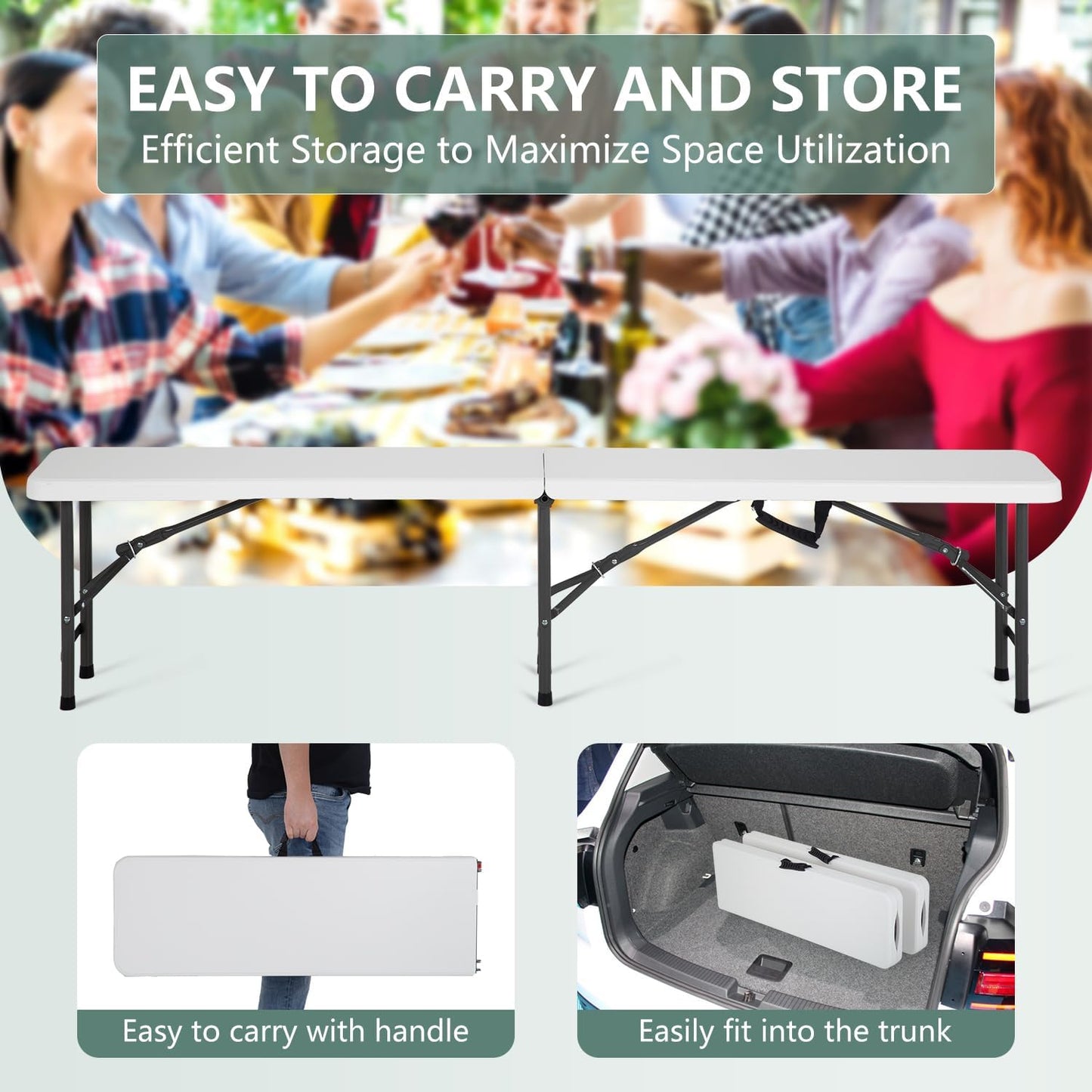 Portable 6 FT Plastic Folding Bench for Outdoor Use, Complete with Carrying Handle for Picnics Camping Dining Parties (2) - COOLBABY