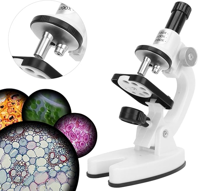 Beginner Microscope Kit Portable 200X‑1200X Microscope Kit with Cover Glass Slide and Multiple Accessories for Science Education and Exploration (White)