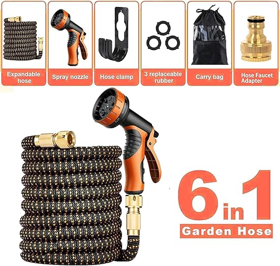 COOLBABY 100ft Expandable Water Garden Hose with 10 Function Nozzle,Leakproof Retractable Garden hosewith Brass Connectors for Car Washing Garden Plants Pets Shower Floor Cleaning,Black&Orange - COOLBABY
